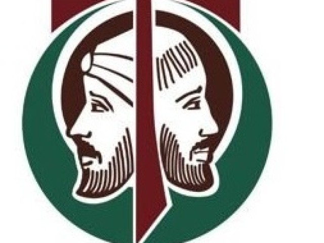 Logo der 800 Jahr Feier in Damiette, Franziskus und der Sultan Kopf an Kopf, das Tau Zeichen dazwischen