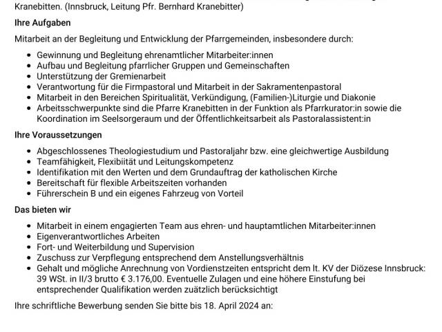 Ausschreibung - Pastoralassistent:in bzw. Pfarrkurator:in