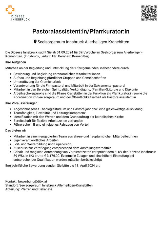 Ausschreibung - Pastoralassistent:in bzw. Pfarrkurator:in