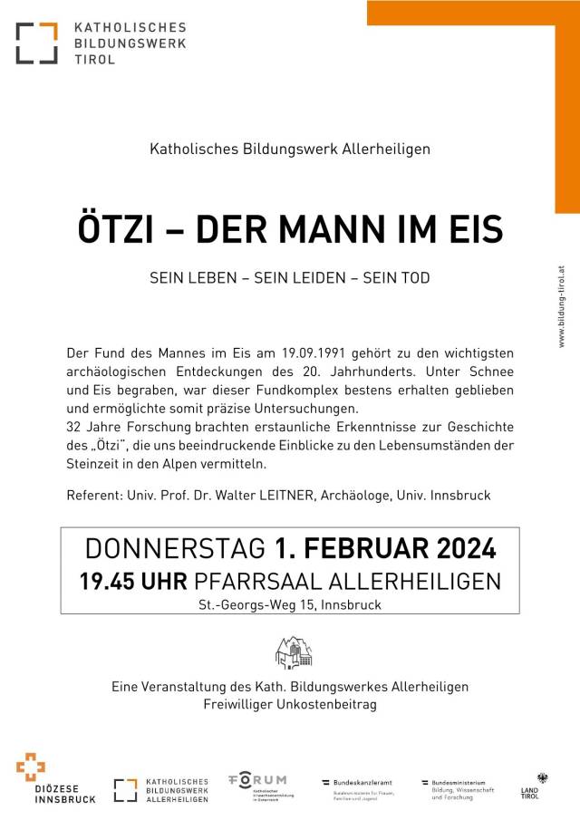 Do 01.02. 2024, 19:45 Uhr, Pfarrsaal Allerheiligen | KBW- ÖTZI-Der Mann im Eis