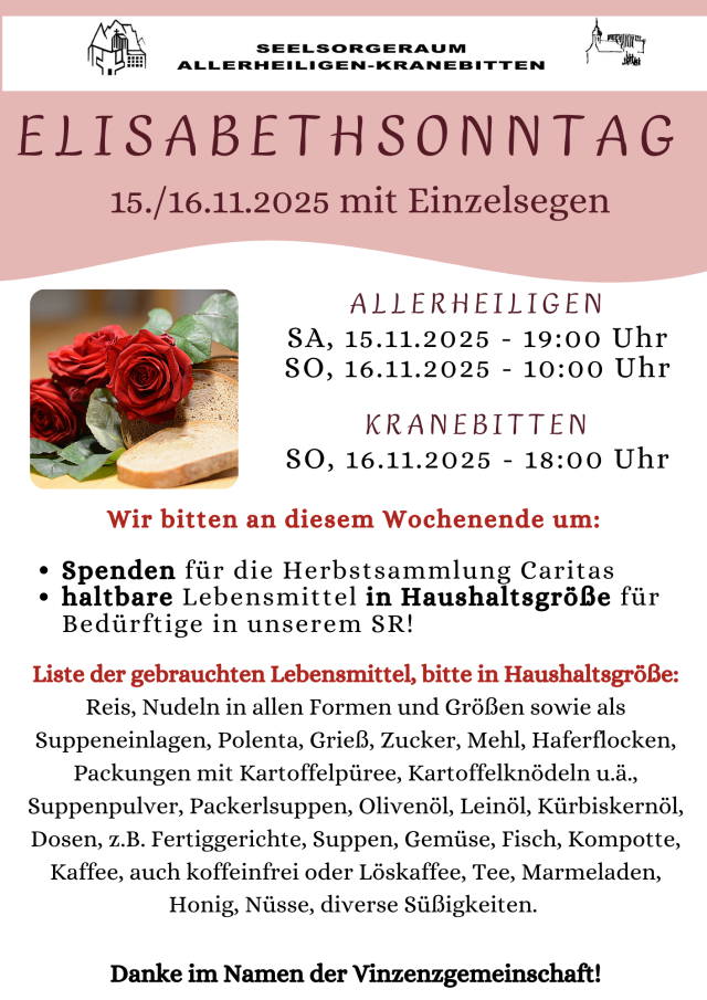 Elisabeth- Sonntag: Cartitas Herbstsammlung und Lebensmittelsammlung