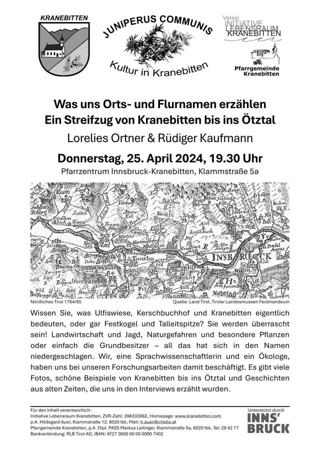 25.04. 19:30 Pfarrsaal Kranebitten Juniperus Communis: Was uns Orts- und Flurnamen erzählen