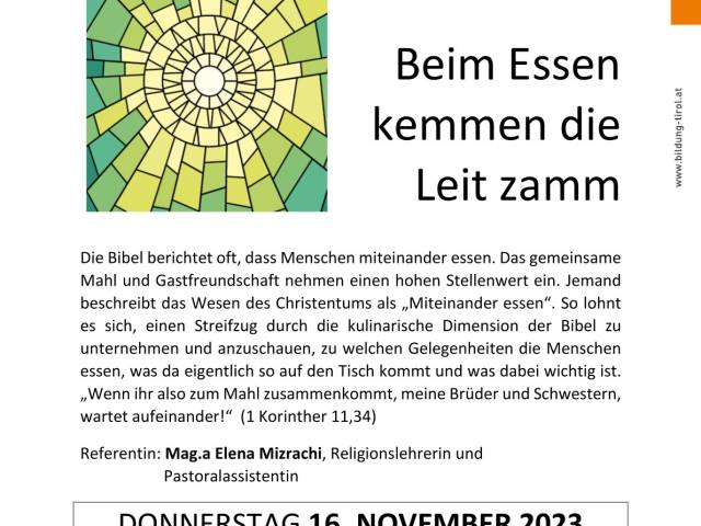 DO, 16.11.2023 - 19:00 Uhr im Pfarrsaal Allerheiligen -                                 Tiroler Bibelkurs mit Mag. Elena Mizrachi